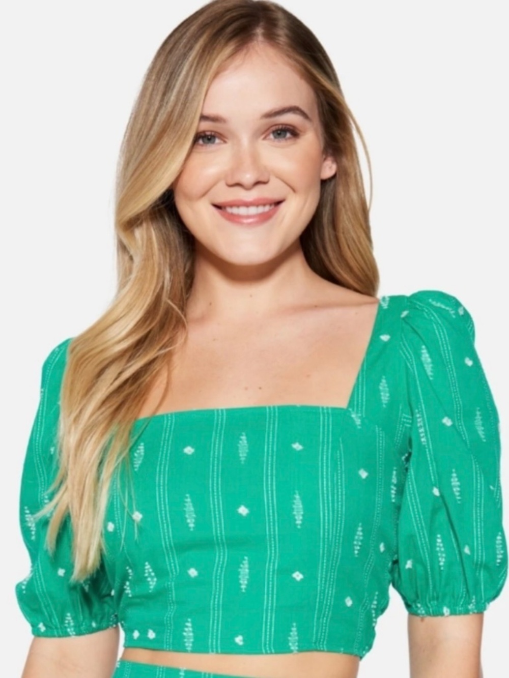 NWT Hurley Green & White Embroidered Puff Sleeve Smocked Crop Top, Size L